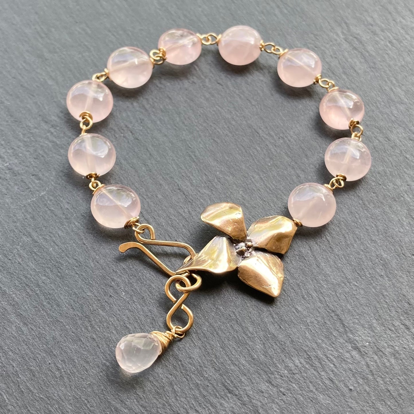 Rose Quartz, Gold & Bronze Evening Primrose Bracelet