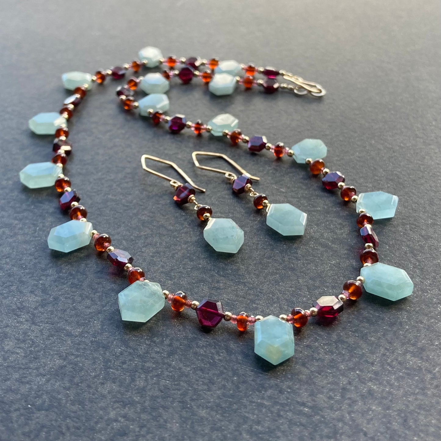 Aquamarine, Rhodolite, Hessonite & 14k Gold Necklace