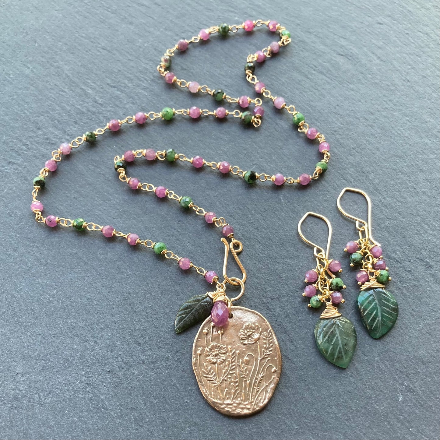 Ruby Zoisite, Gold & Bronze Poppy Garden Pendant Necklace