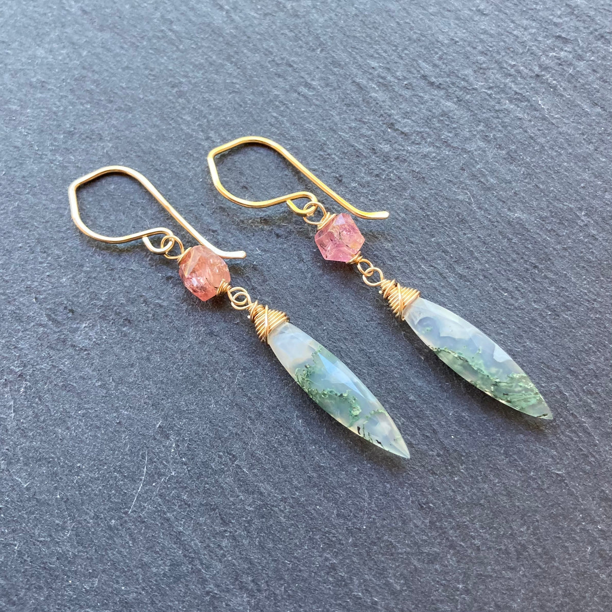 Moss Agate, Pink Tourmaline & Gold Marquis Earrings
