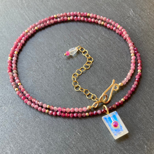 Rubelite Tourmaline & Rainbow Moonstone Pendant Necklace