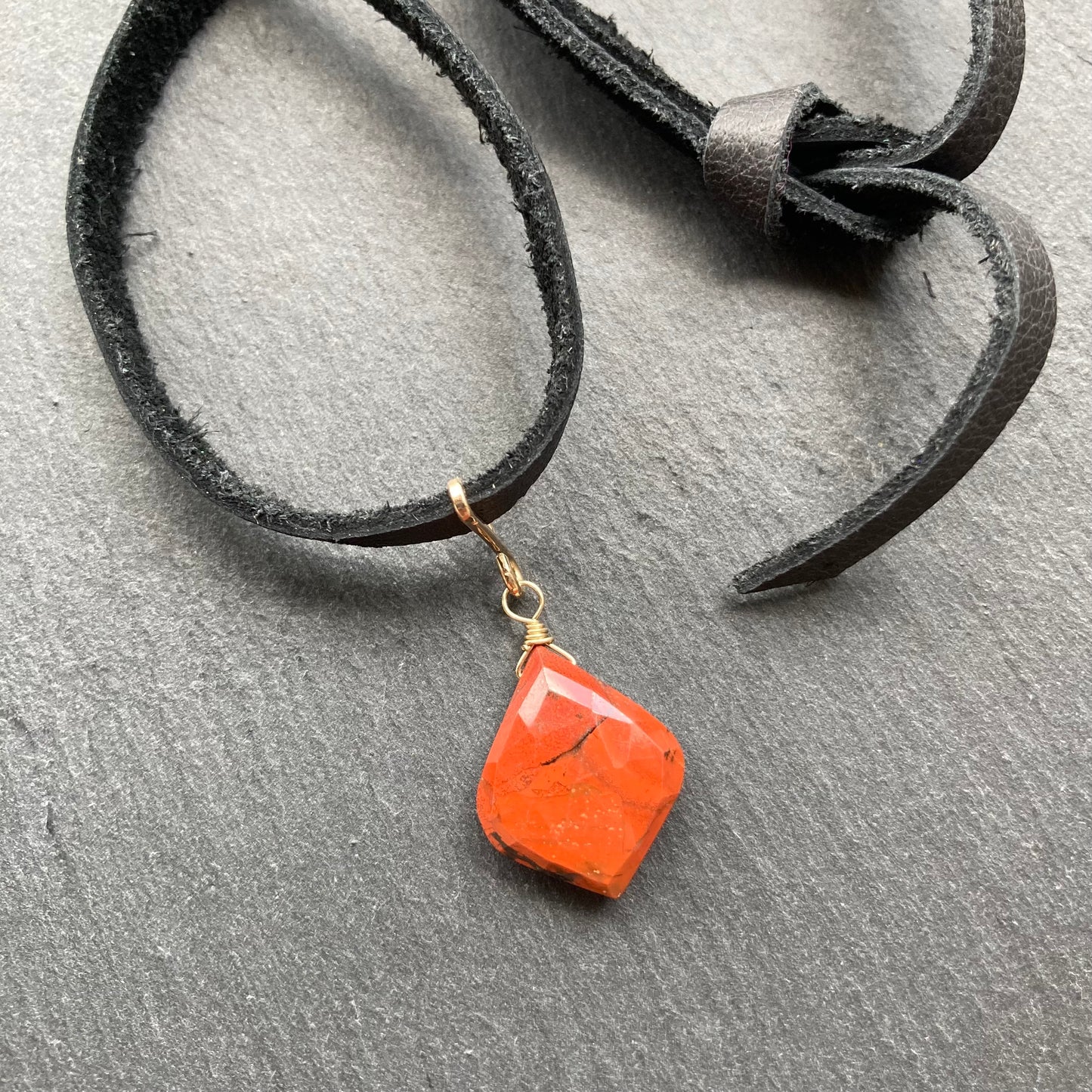 Red Jasper & Gold Deertan Leather Choker