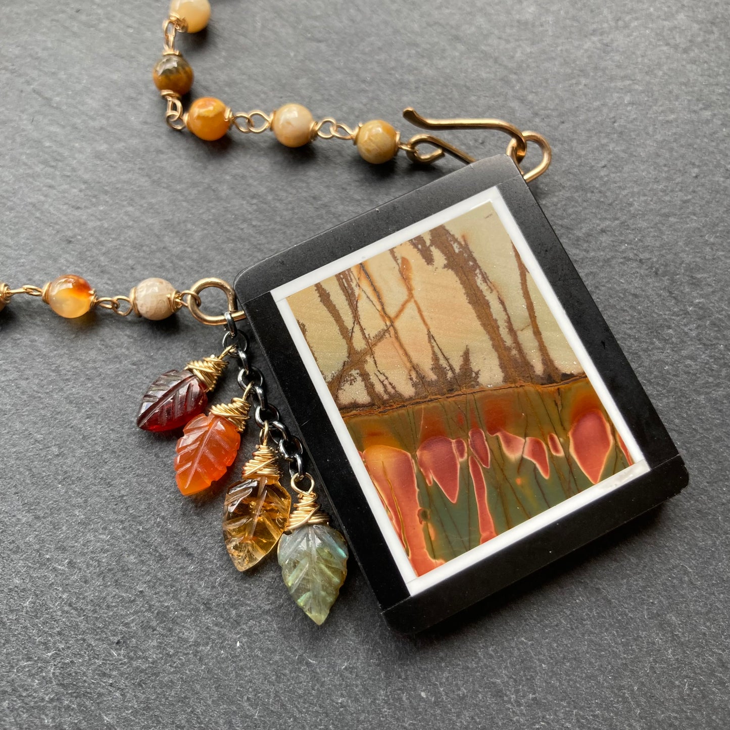 Fossil Coral, Gold & Red Creek Jasper Autumn Woods Pendant Necklace