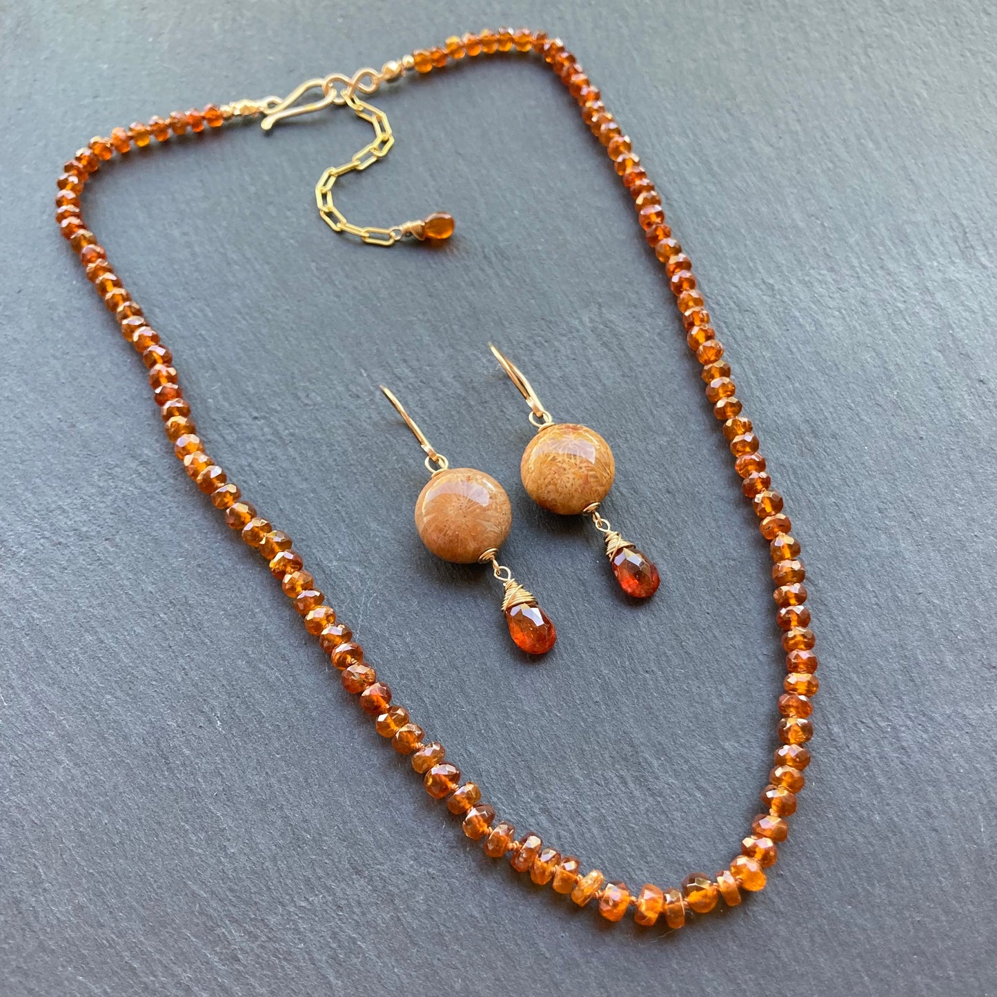 Fossil Coral, Hessonite Garnet & Gold Earrings