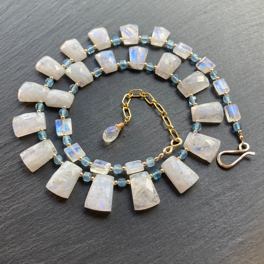 Rainbow Moonstone, Santa Maria Aquamarine & Gold Necklace