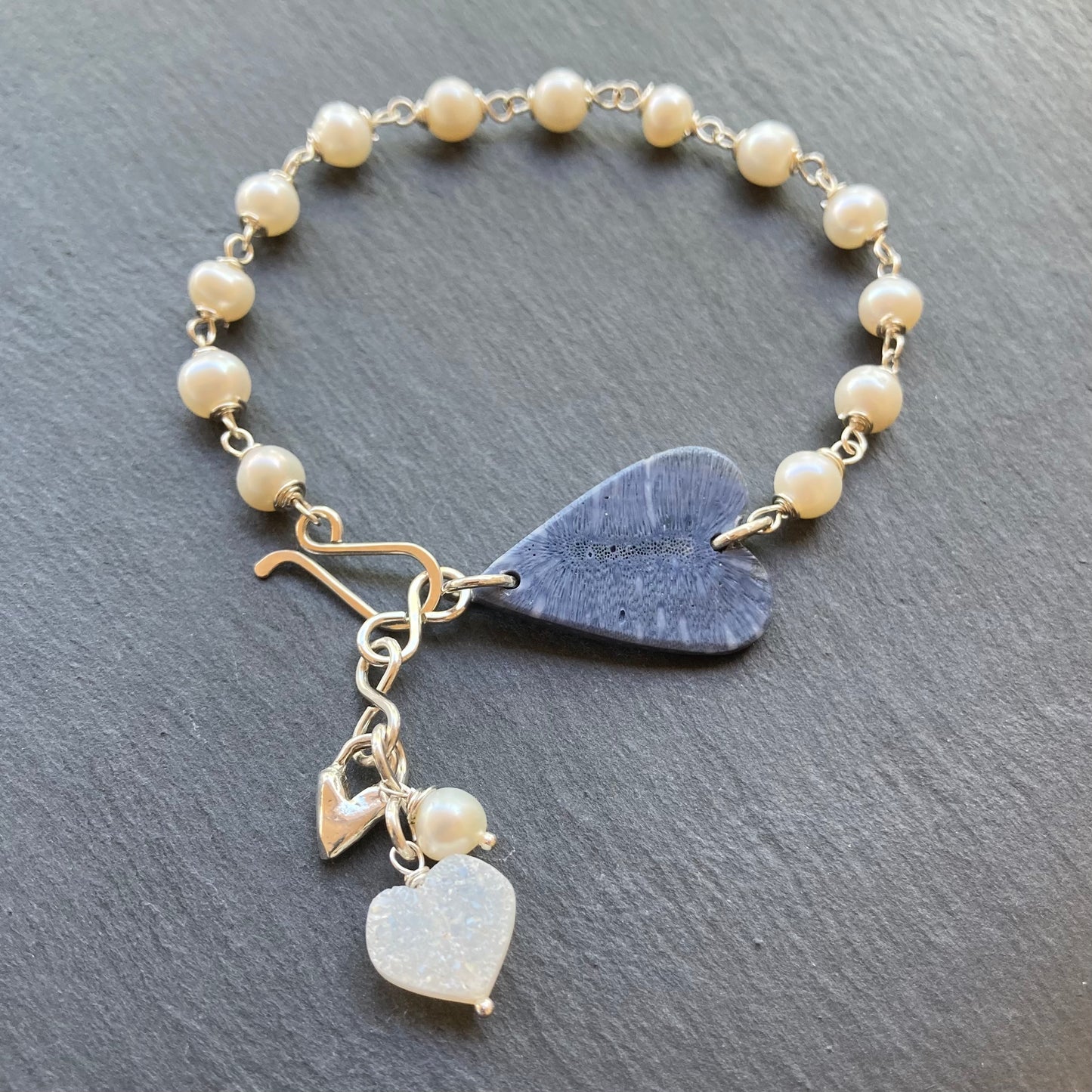Freshwater Pearl, Sterling Silver & Blue Coral Heart Charm Bracelet