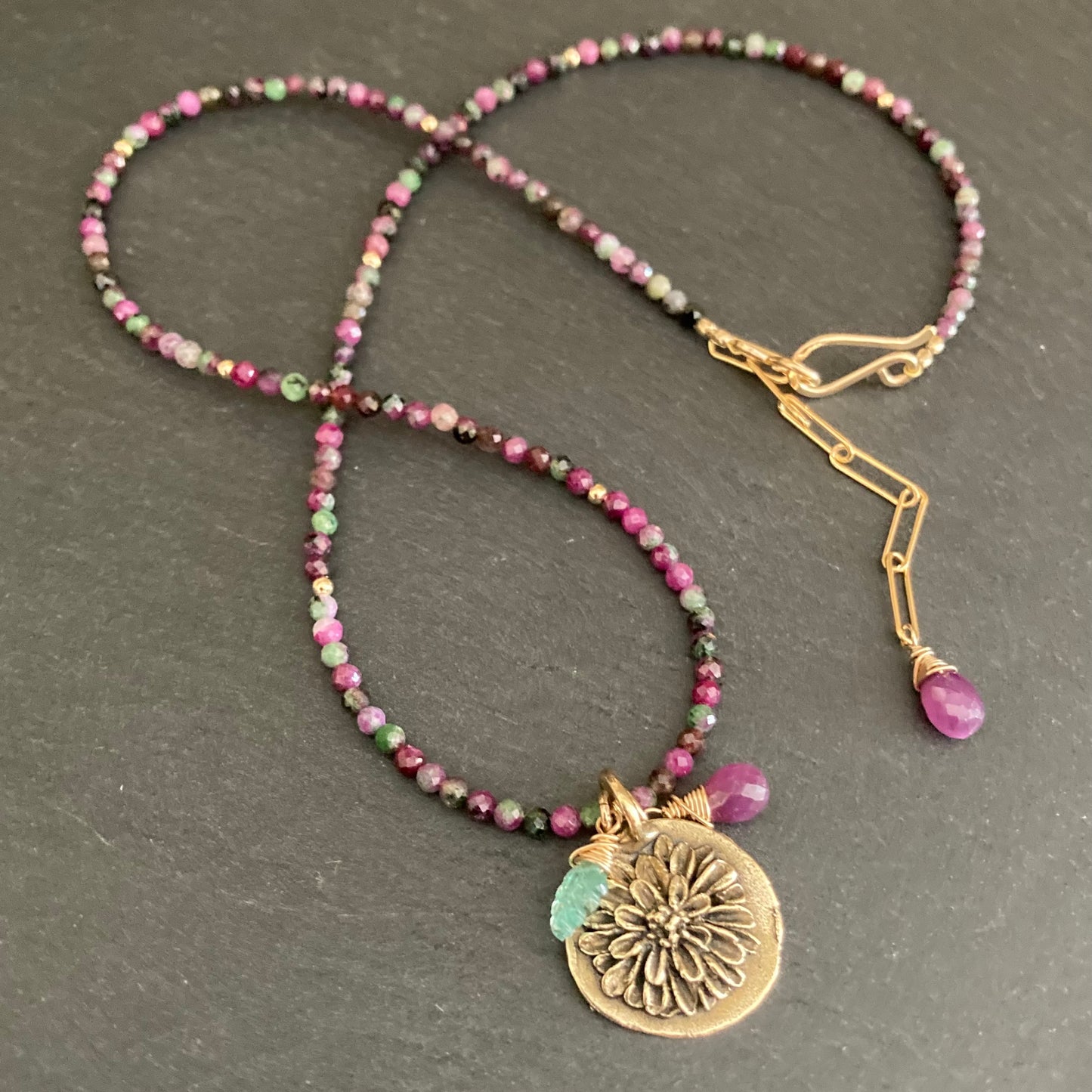 Ruby Zoisite, Gold & Bronze Mum Pendant Choker