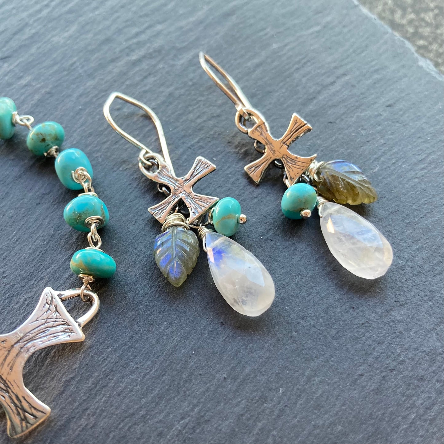 Multi Gemstone & Sterling Silver Cross Pattée Cascade Earrings