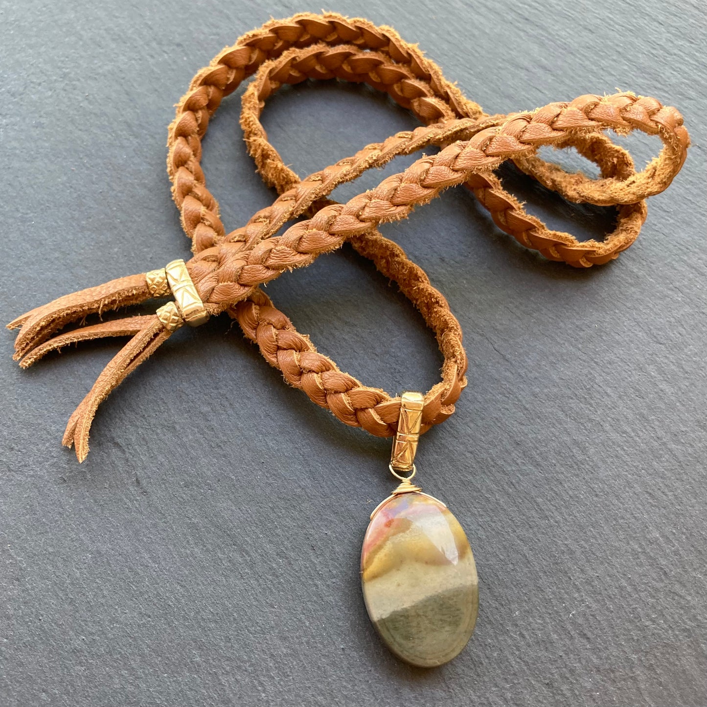 Polychrome Jasper & Bronze Braided Deertan Leather Choker