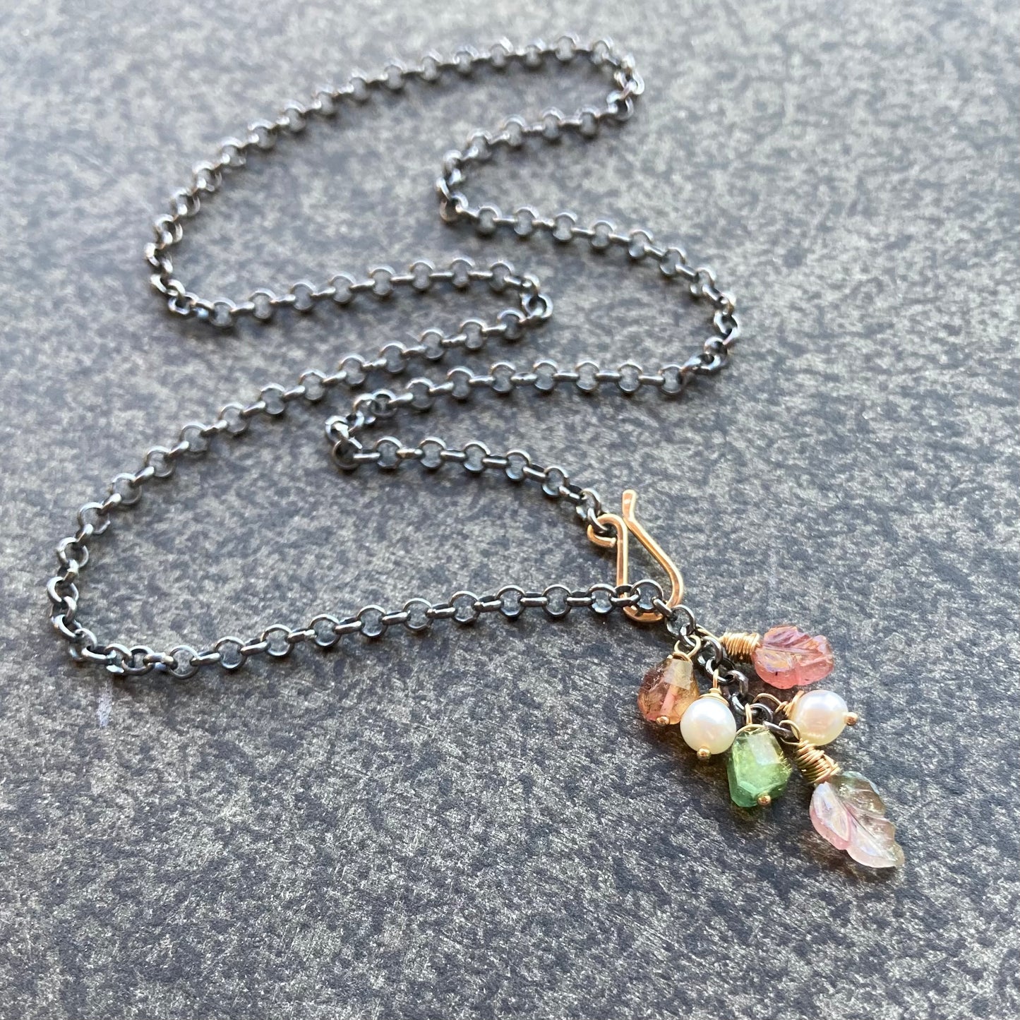 Watermelon Tourmaline, Freshwater Pearl & Mixed Metal Leaf Lariat Necklace