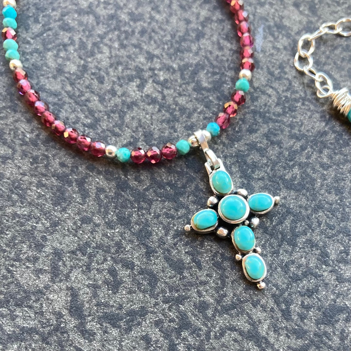 Arizona Turquoise, Mozambique Garnet & Sterling Silver Vintage Cross Necklace