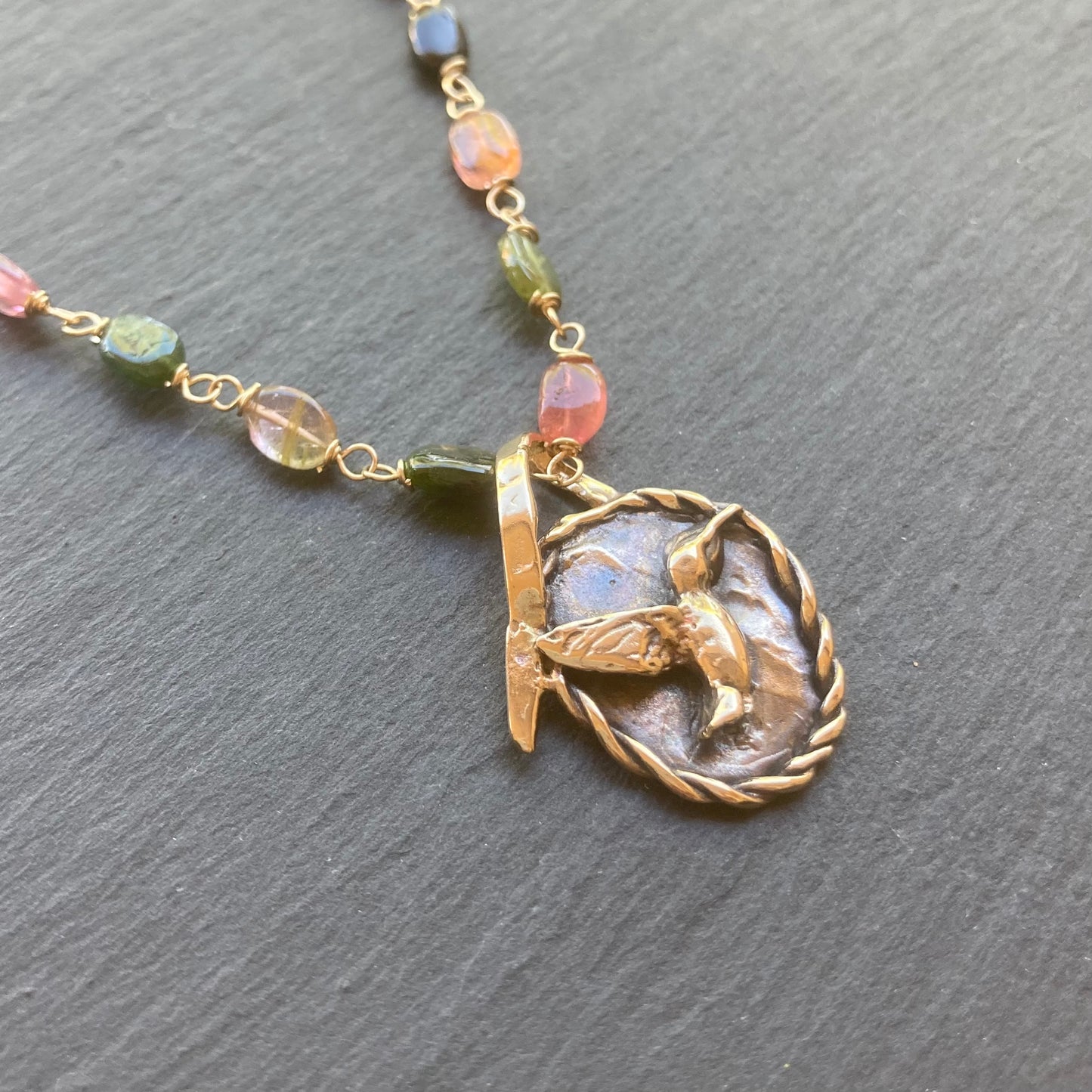 Multicolor Tourmaline, Gold & Bronze Hummingbird Pendant Necklace