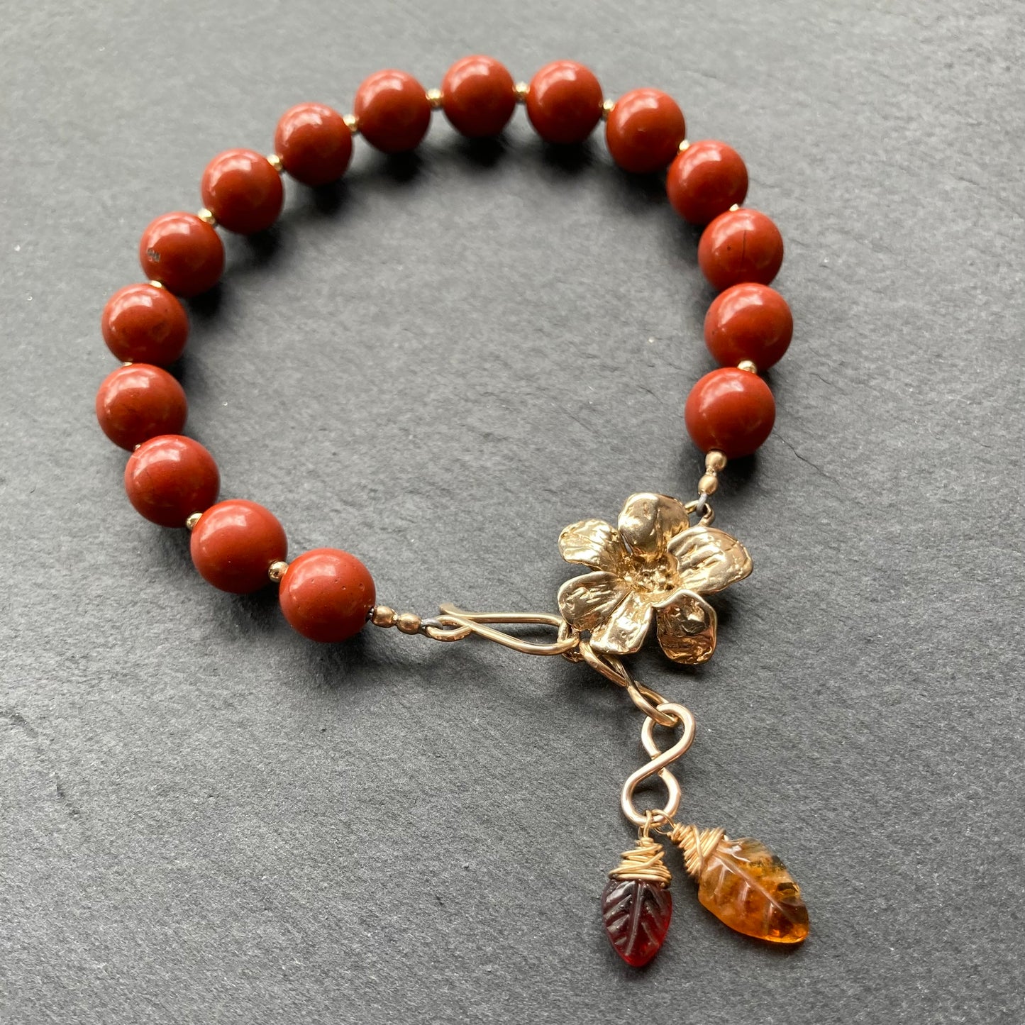 Red Jasper, Gold & Bronze Flower Link Charm Bracelet