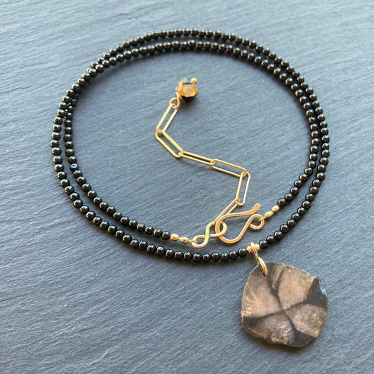 Black Tourmaline & Gold Chiastolite Pendant Necklace