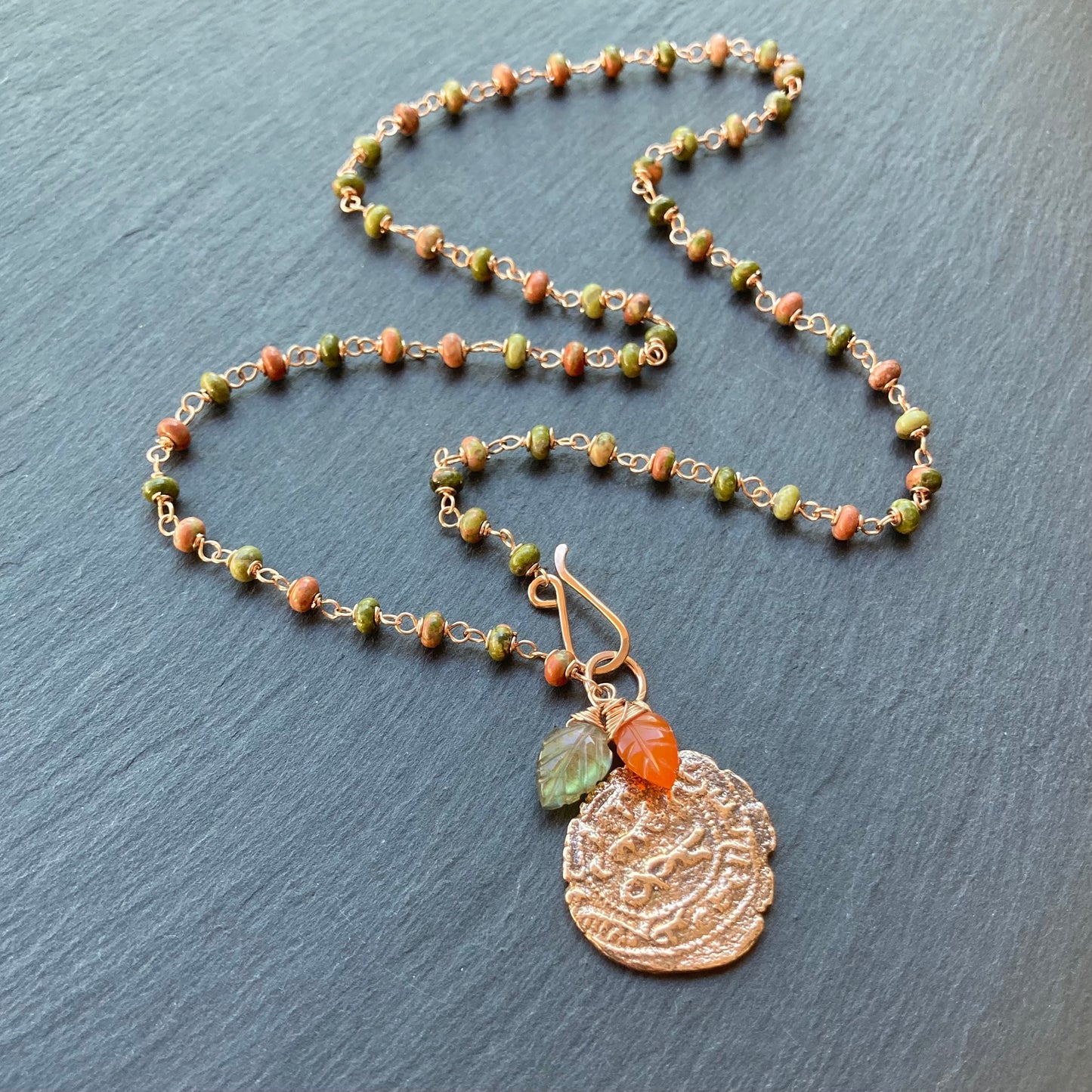 Unakite, Rose Gold & Bronze Medieval Coin Necklace