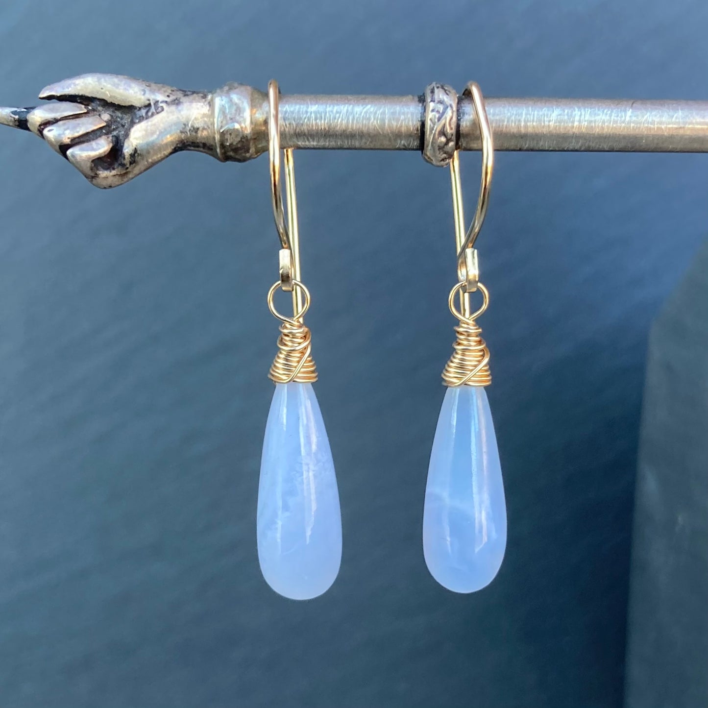 Blue Lace Agate & Gold Long Drop Earrings