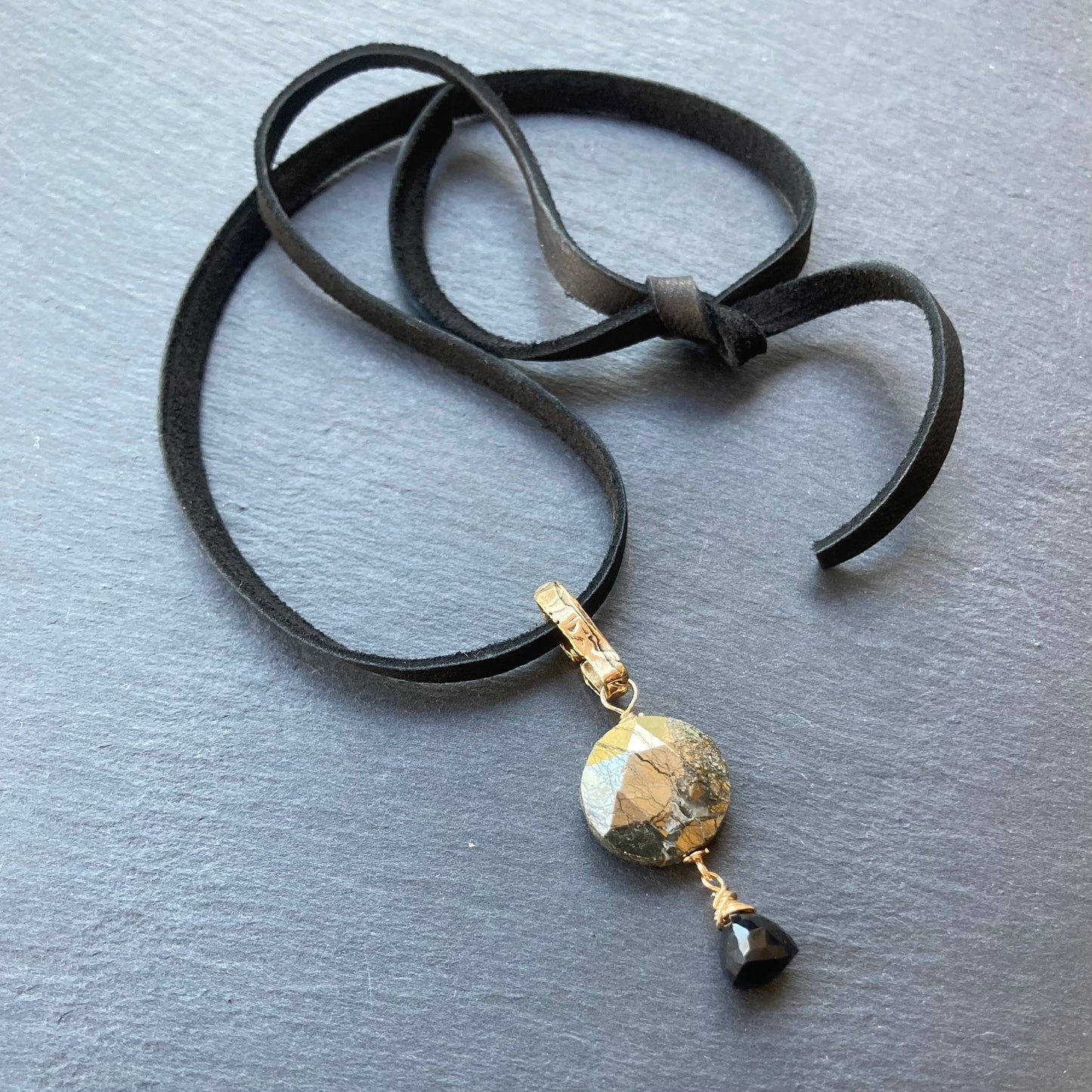 Nipomo Marcasite in Agate, Black Onyx & Bronze Deerskin Leather Choker