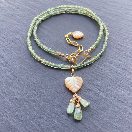 Mother of Pearl, Green Apatite & Gold Palm Heart Necklace