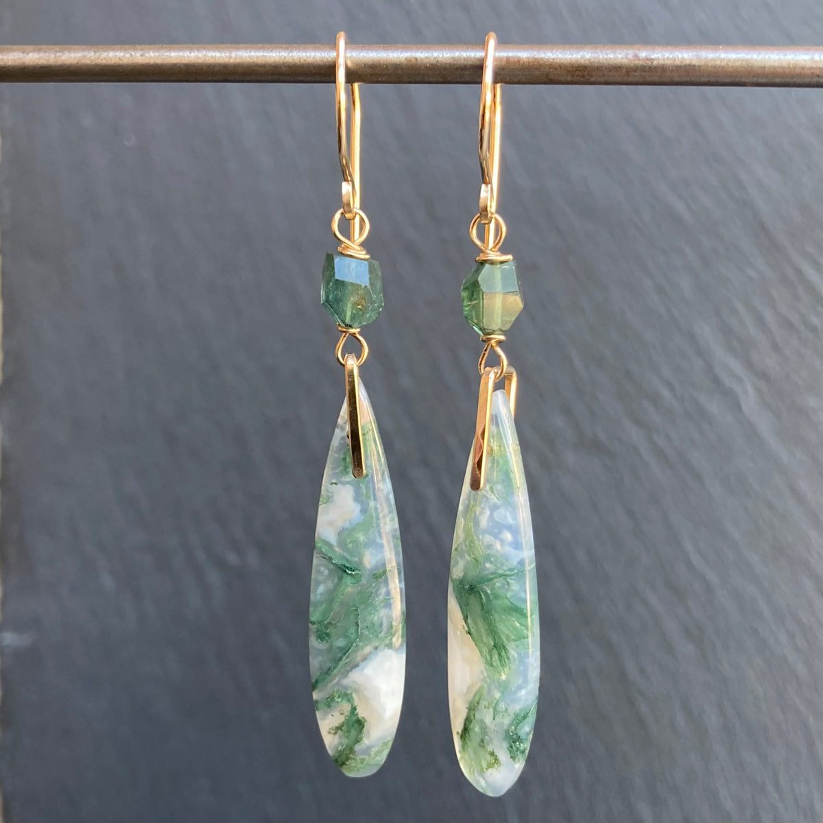 Moss Agate, Paraiba Blue Tourmaline & Gold Long Drop Earrings