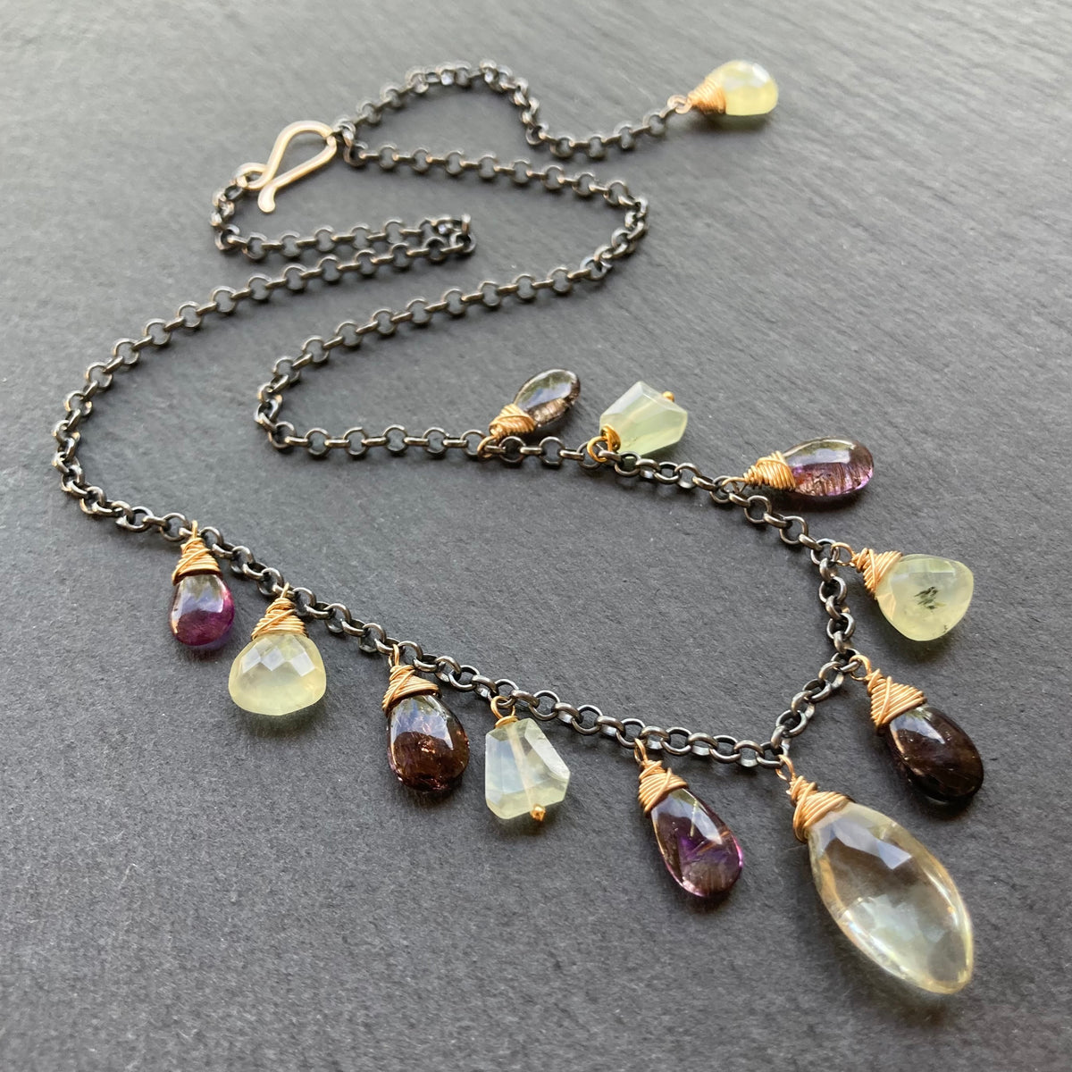 Moss Amethyst, Prehnite & Mixed Metal Charm Choker