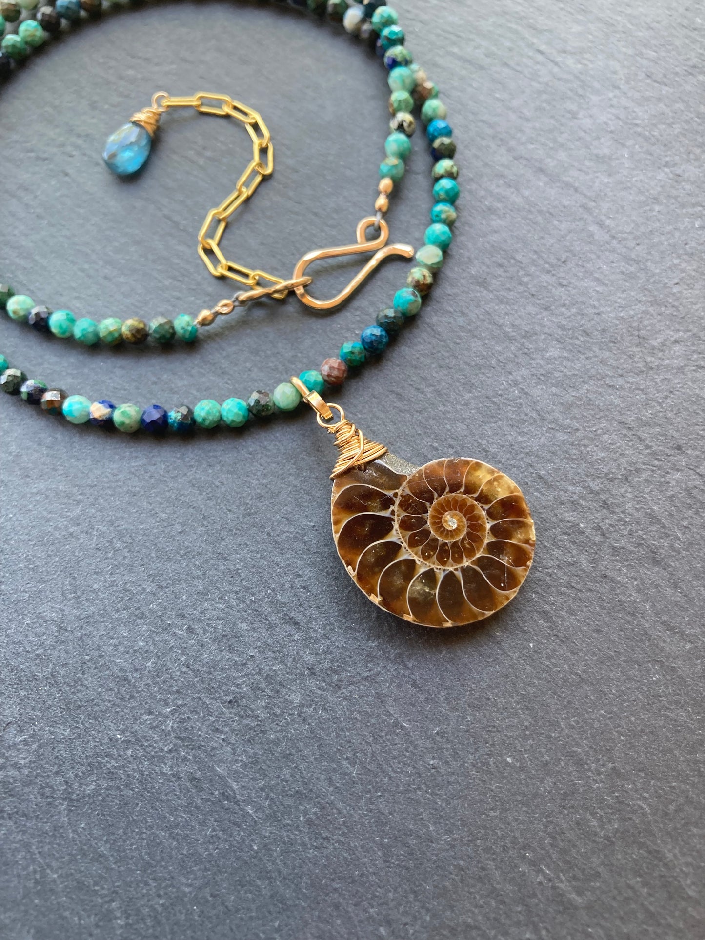 Chrysocolla Azurite & Gold Ammonite Pendant Choker
