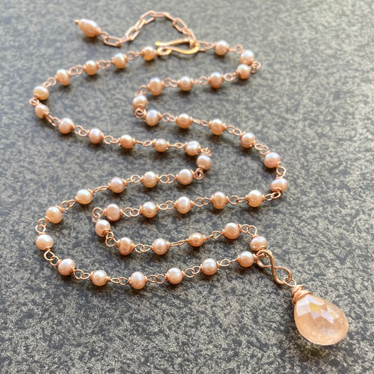 Pink Freshwater Pearl, Rose Gold & Copper Rutilated Quartz Pendant Necklace