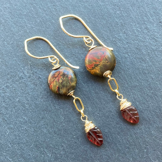 Red Creek Jasper, Mozambique Garnet & Gold Earrings