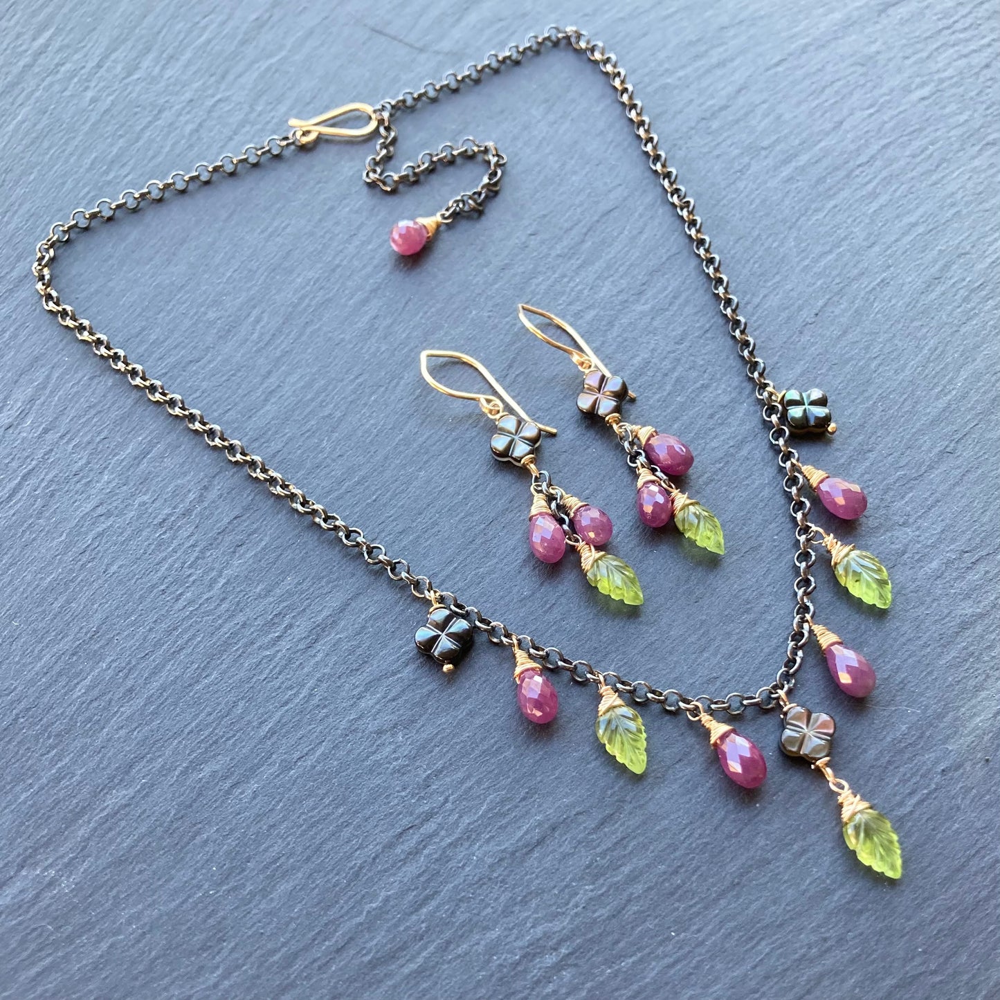 Ruby, Peridot, Black Mother of Pearl & Mixed Metal Charm Choker