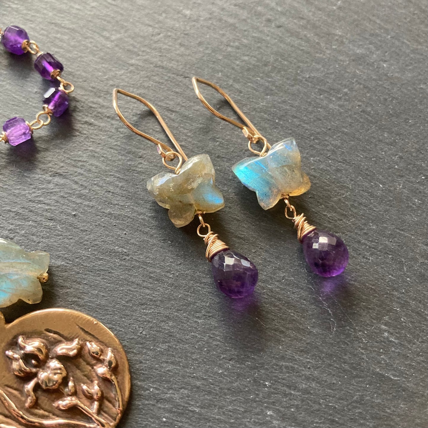 Labradorite, Amethyst & Gold Butterfly Earrings