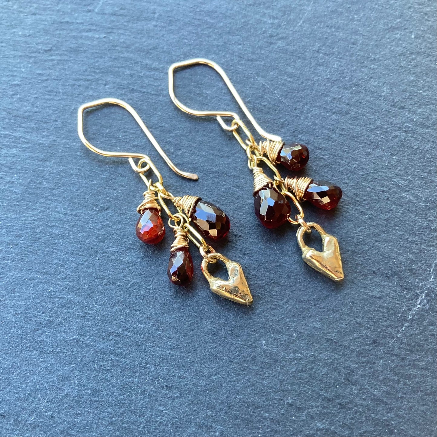 Mozambique Garnet, Gold & Bronze Heart Cascade Earrings