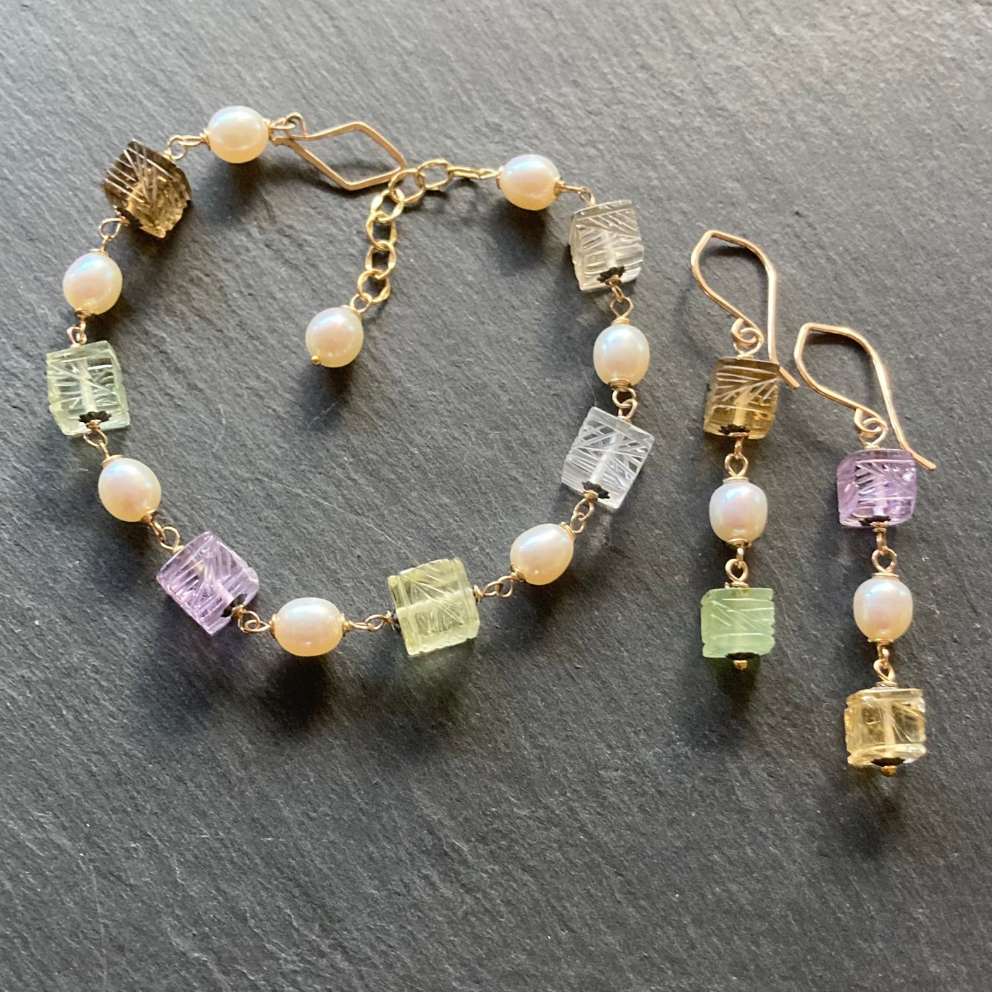 Multi Quartz, Freshwater Pearl & Mixed Metal Carved Lantern Bracelet