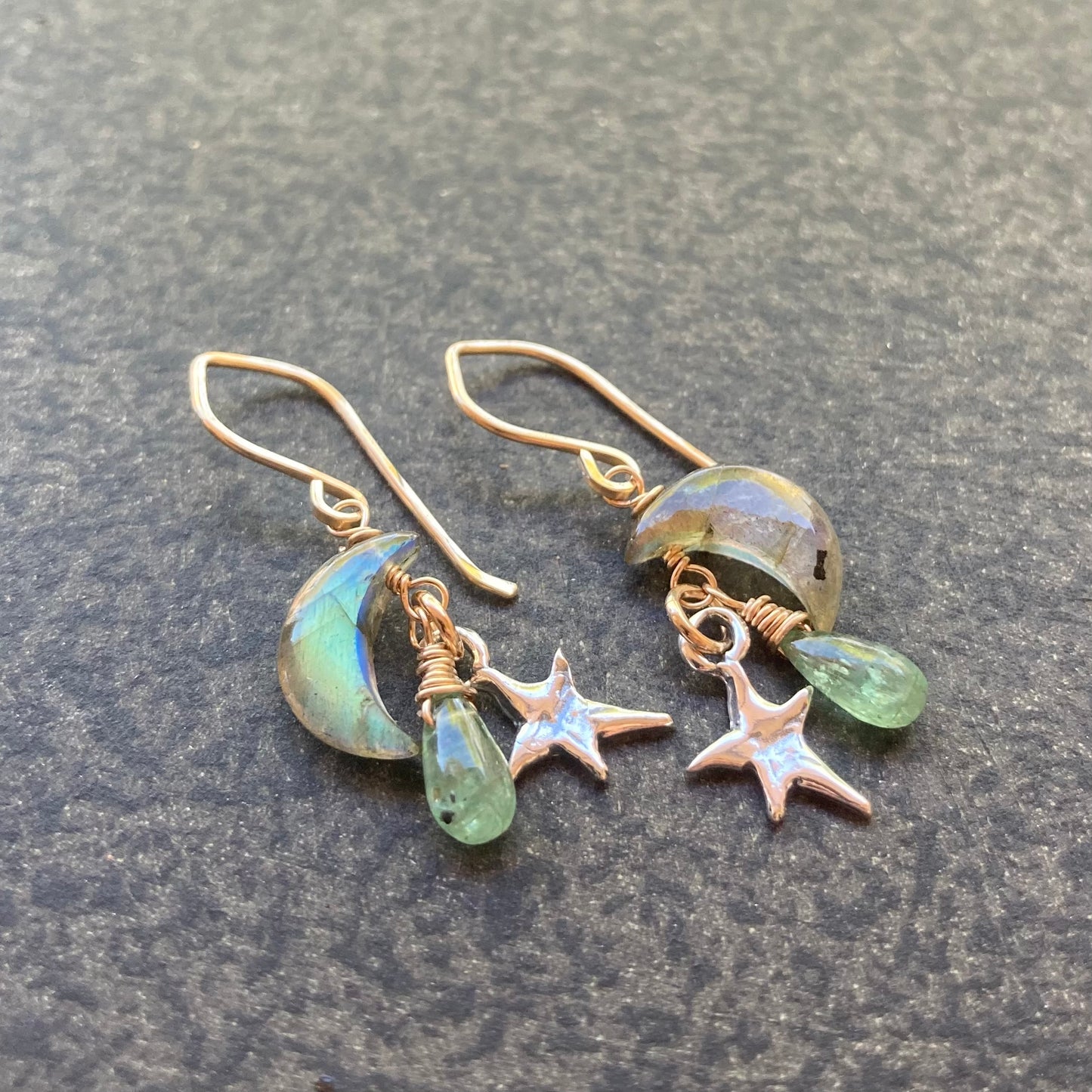 Labradorite, Green Kyanite & Mixed Metal Moon Drops Earrings