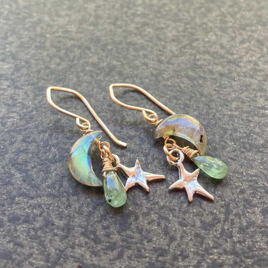 Labradorite, Green Kyanite & Mixed Metal Moon Drops Earrings