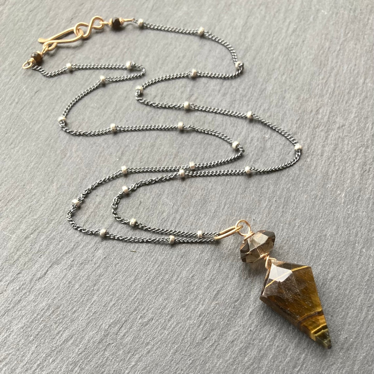Black Tiger Eye, Smoky Quartz & Mixed Metal Arrowhead Necklace