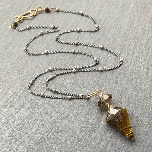 Black Tiger Eye, Smoky Quartz & Mixed Metal Arrowhead Necklace