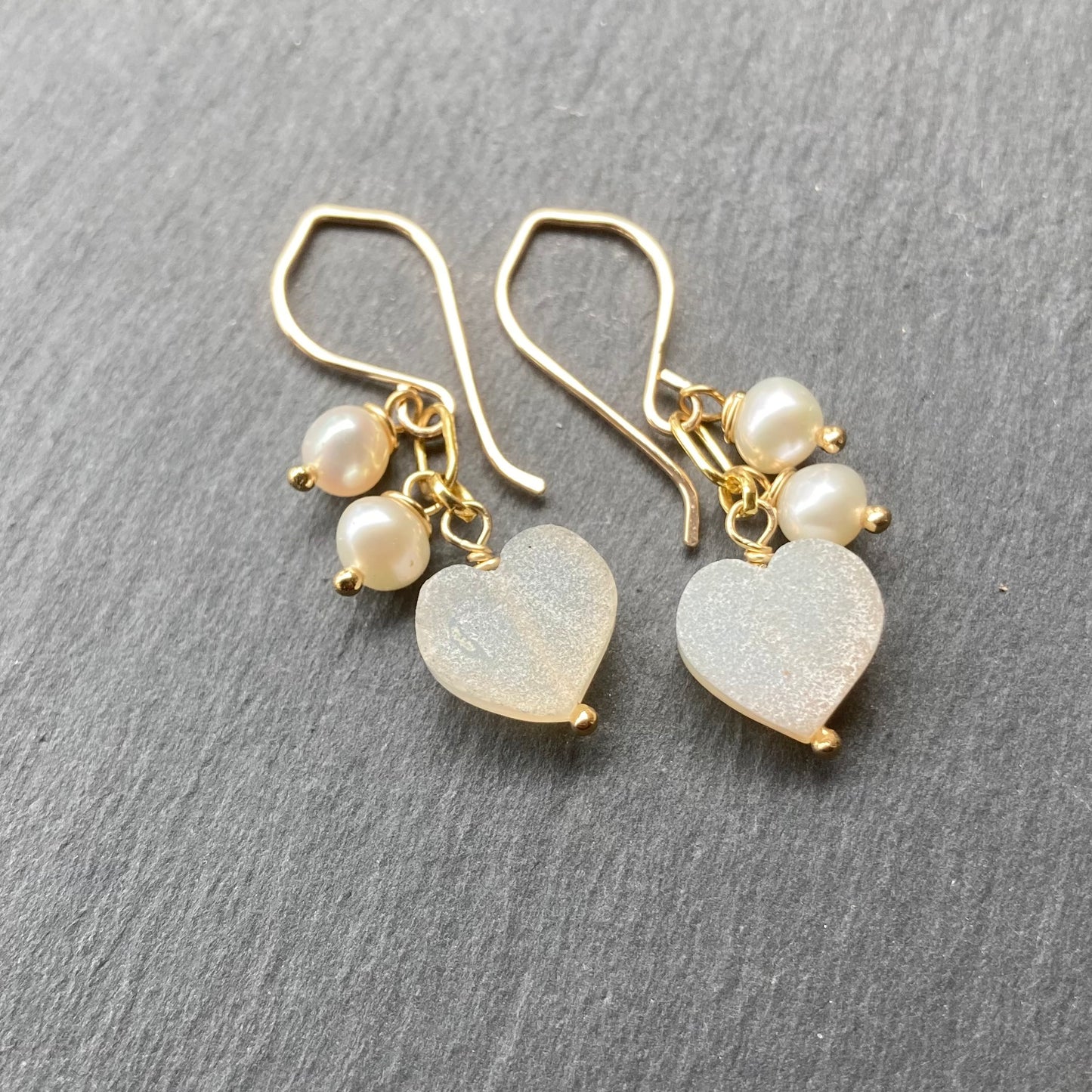 Freshwater Pearl, Druzy Heart & Gold Earrings