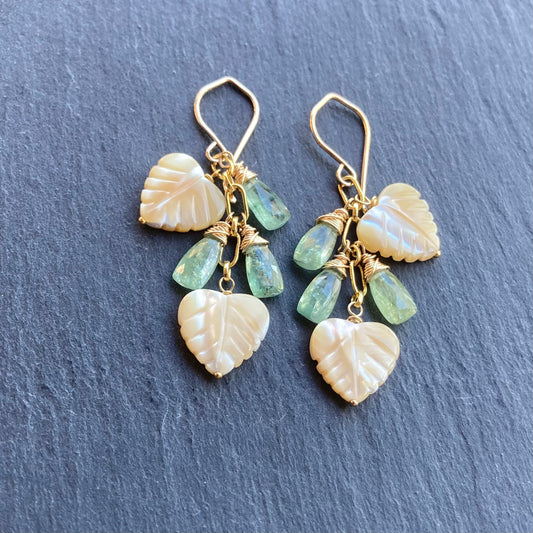Mother of Pearl, Green Kyanite & Gold Palm Heart Earrings