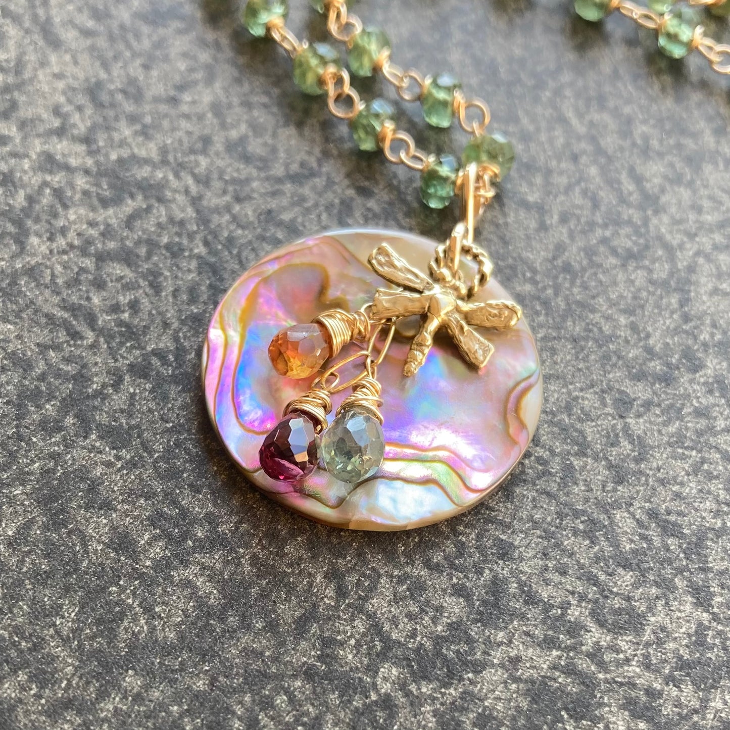 Green Apatite, Gold, Vintage Abalone & Bronze Dragonfly Reflection Pendant Necklace