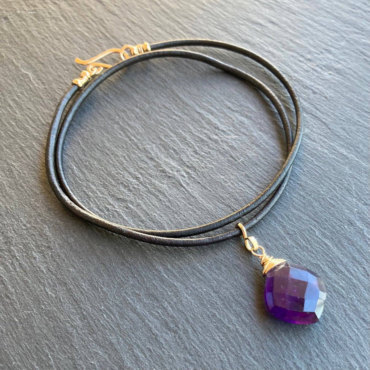 Amethyst & Gold Leather Choker
