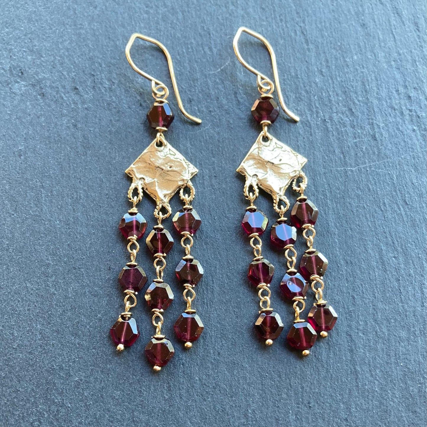 Rhodolite Garnet, Gold & Bronze Long Fringe Earrings