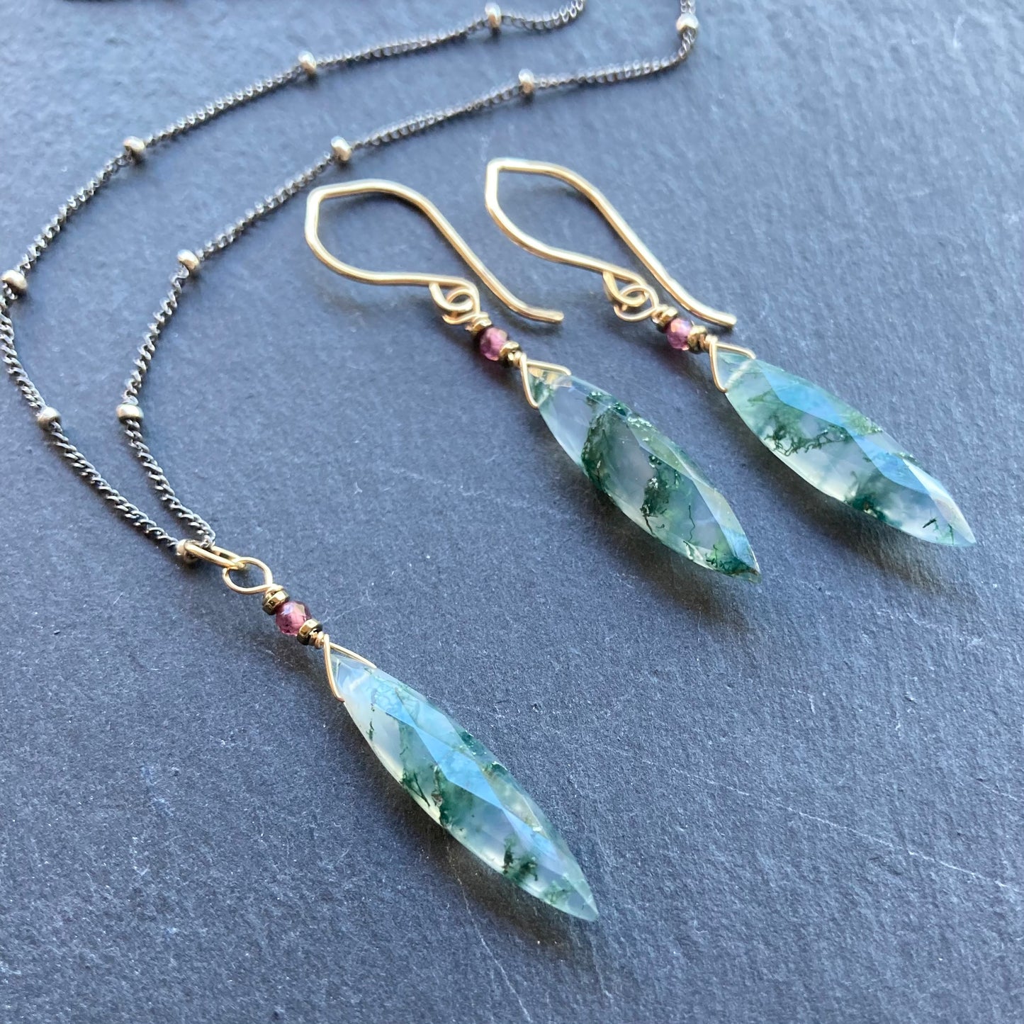 Moss Agate & Gold Marquis Earrings