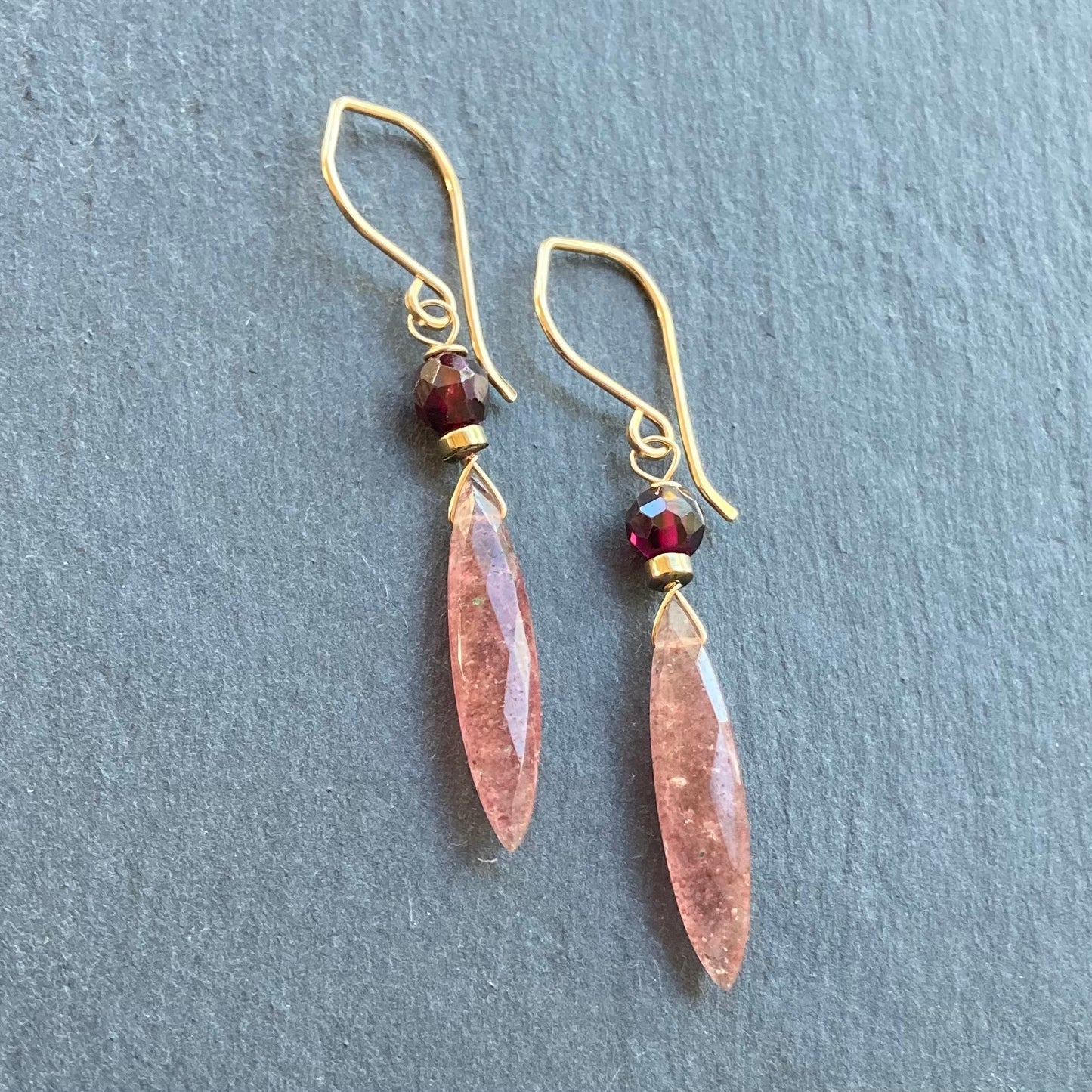 Strawberry Quartz, Rhodolite Garnet & Gold Earrings
