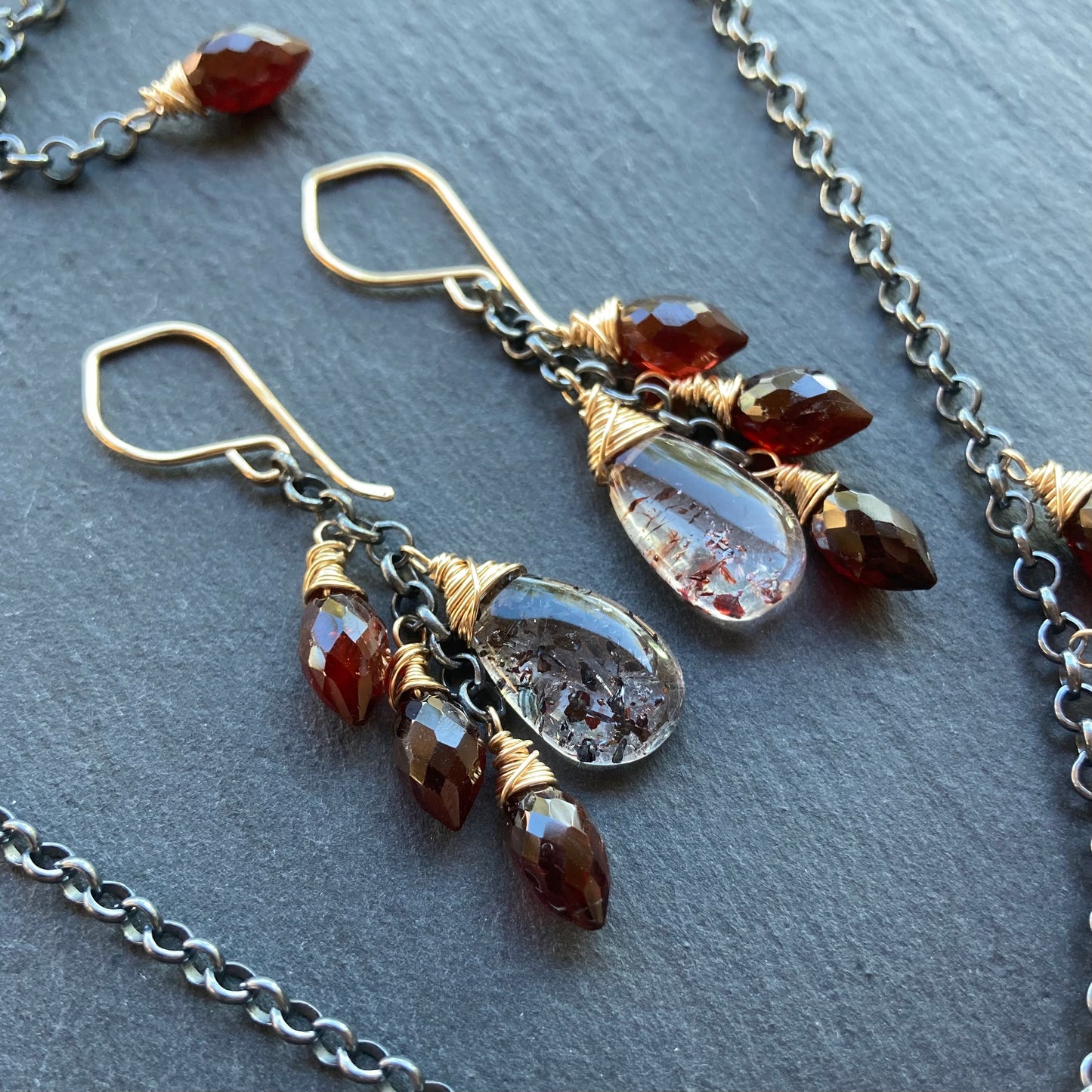 Lepidocrocite, Mozambique Garnet & Mixed Metal Cascade Earrings