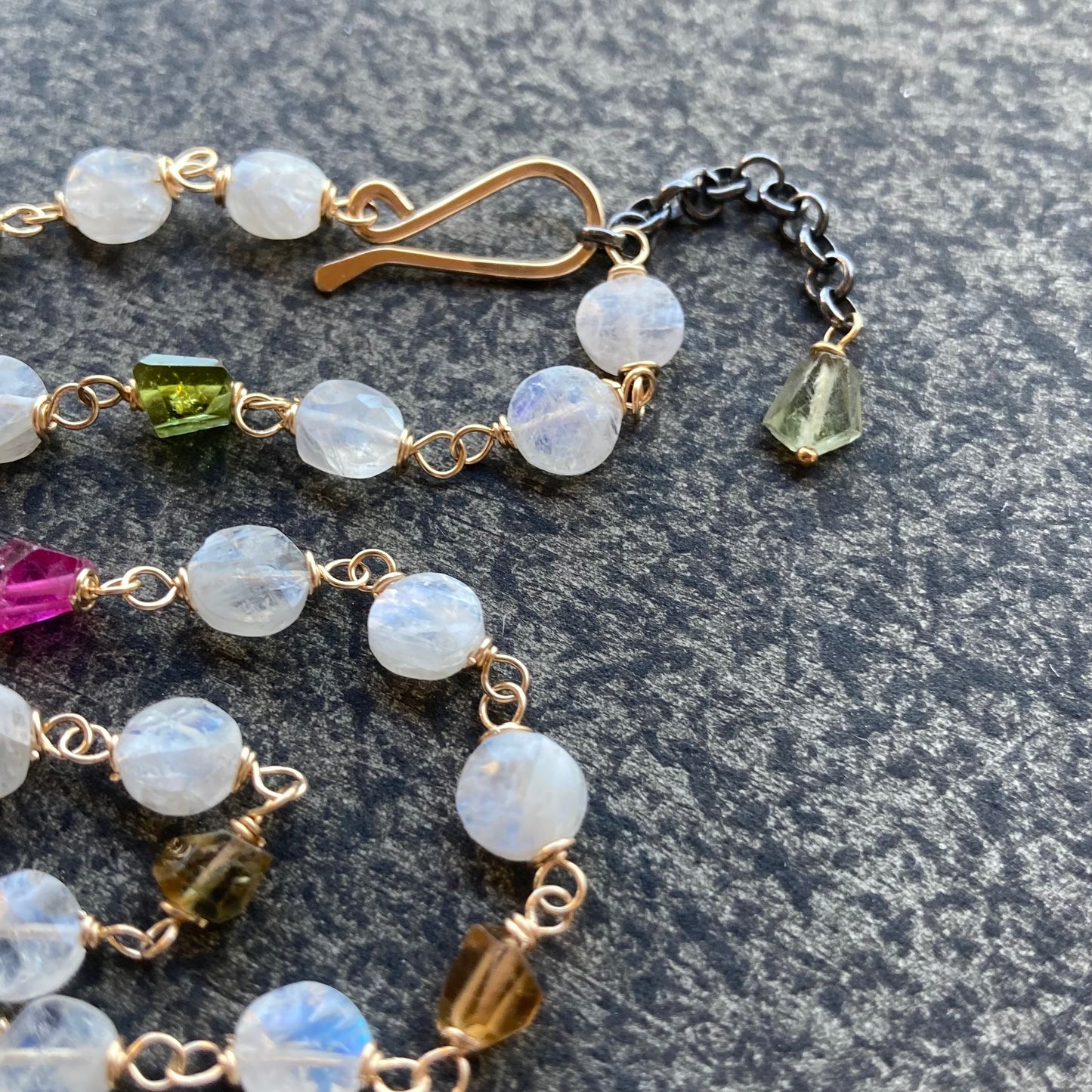 Rainbow Moonstone, Tourmaline & Gold Necklace