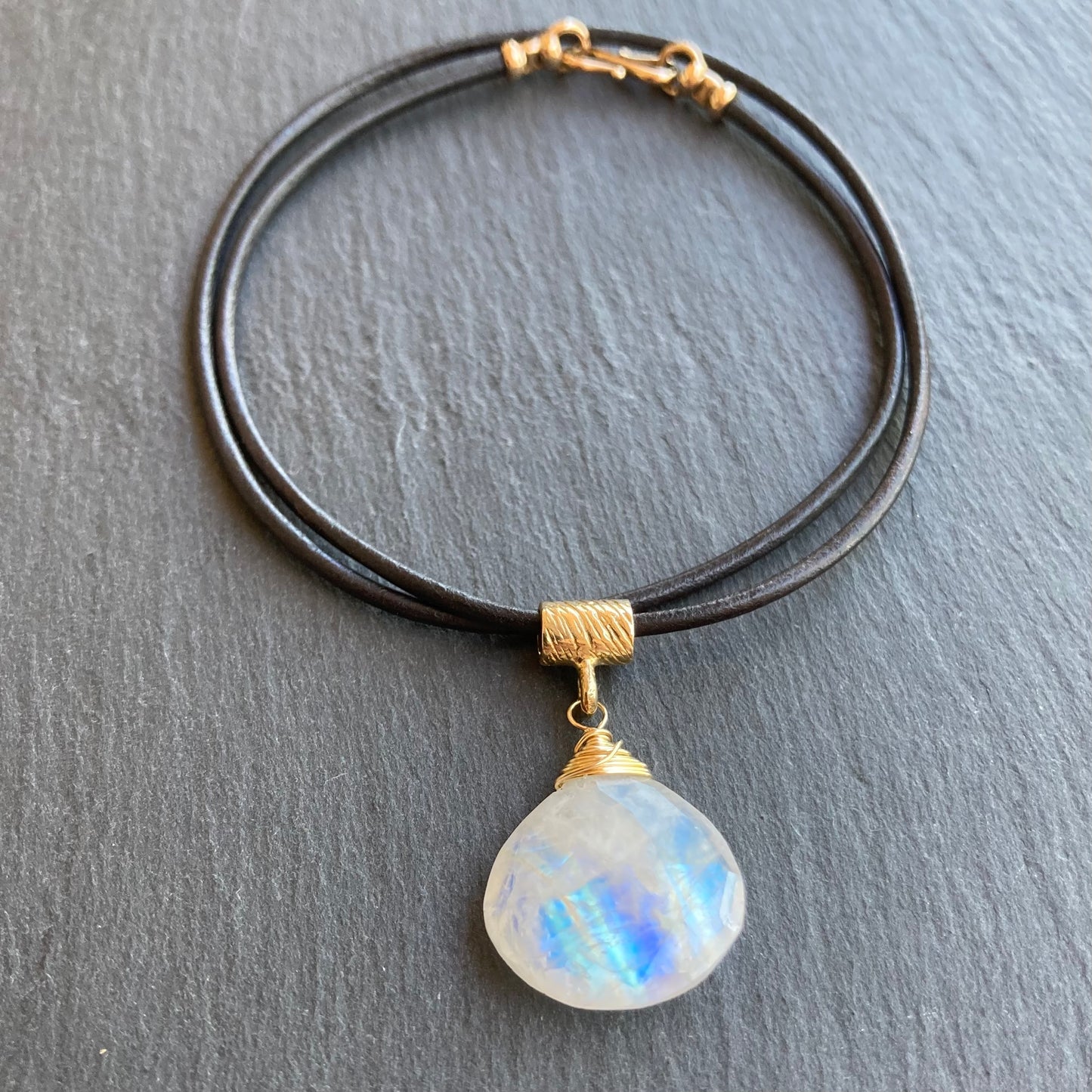 Rainbow Moonstone & Bronze Leather Choker