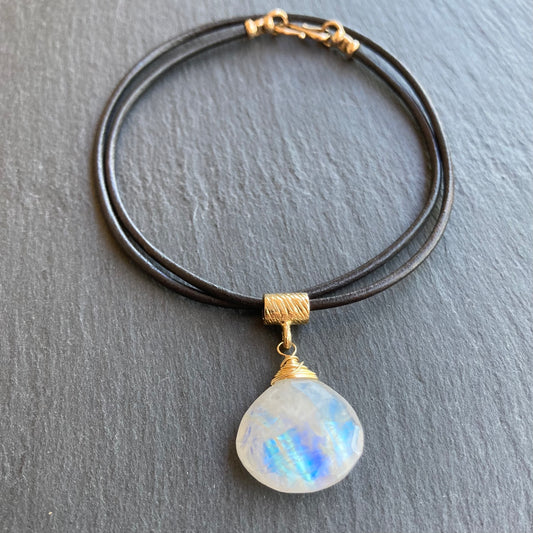 Rainbow Moonstone & Bronze Leather Choker