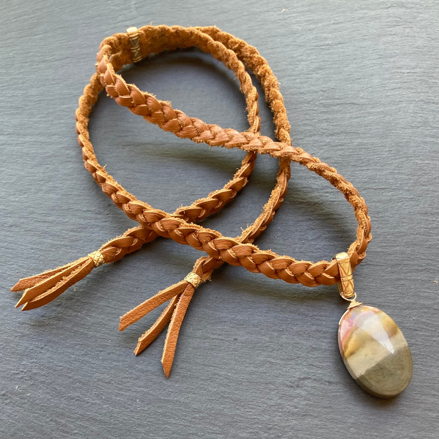 Polychrome Jasper & Bronze Braided Deertan Leather Choker