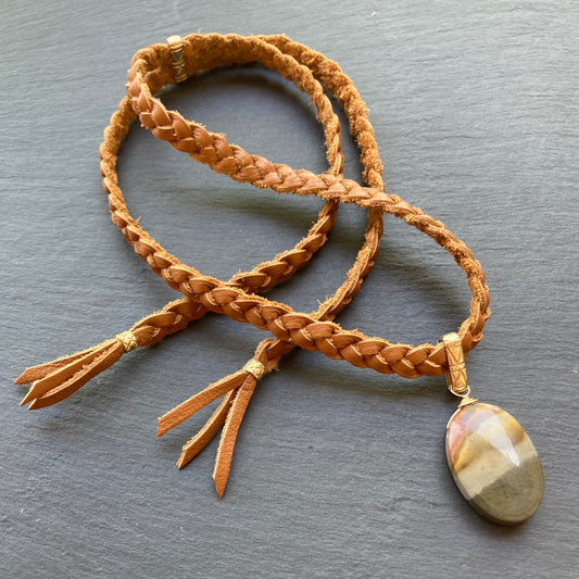 Polychrome Jasper & Bronze Braided Deertan Leather Choker