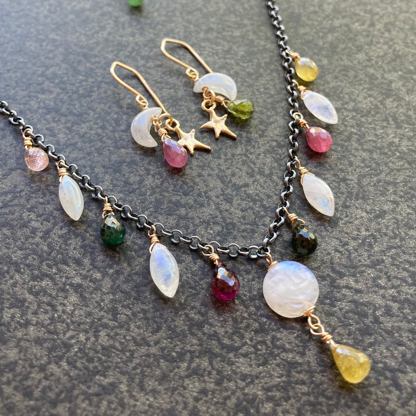 Rainbow Moonstone, Multicolor Tourmaline & Mixed Metal Full Moon Charm Choker