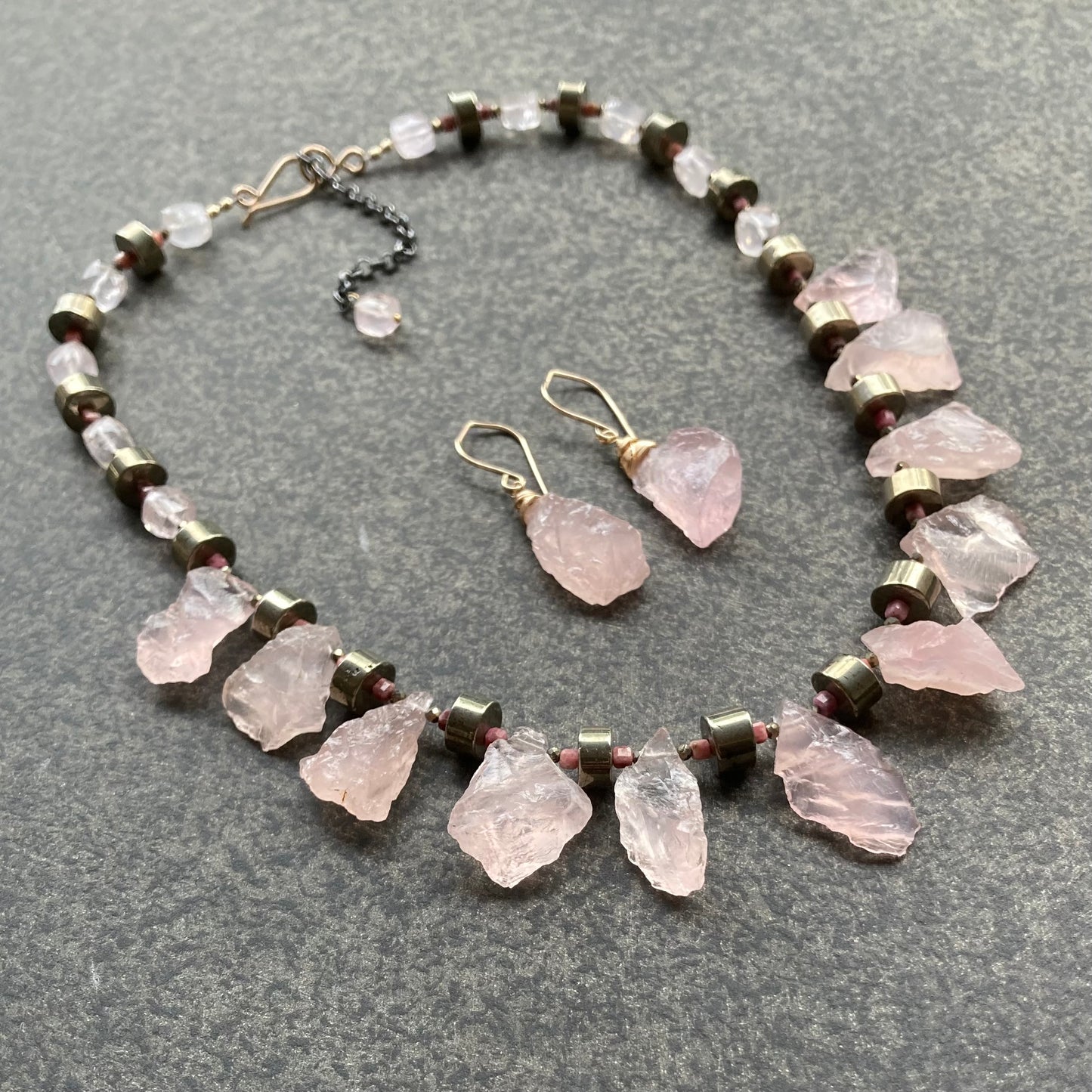 Raw Rose Quartz, Pyrite, Rhodonite & Mixed Metal Collar